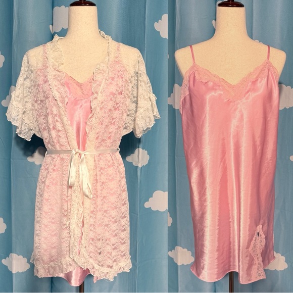 Vintage Other - Pink vintage slip and white lacy robe w/ ribbon tie.  L